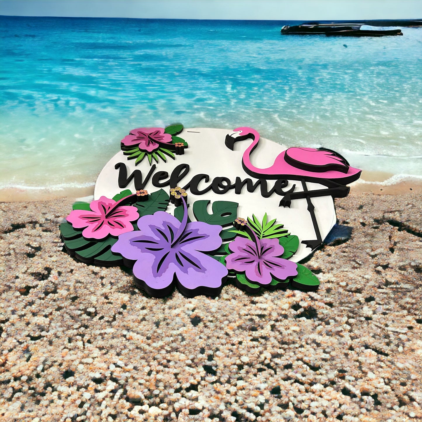 Welcome Flamingo Hibiscus Door Hanger - Finished