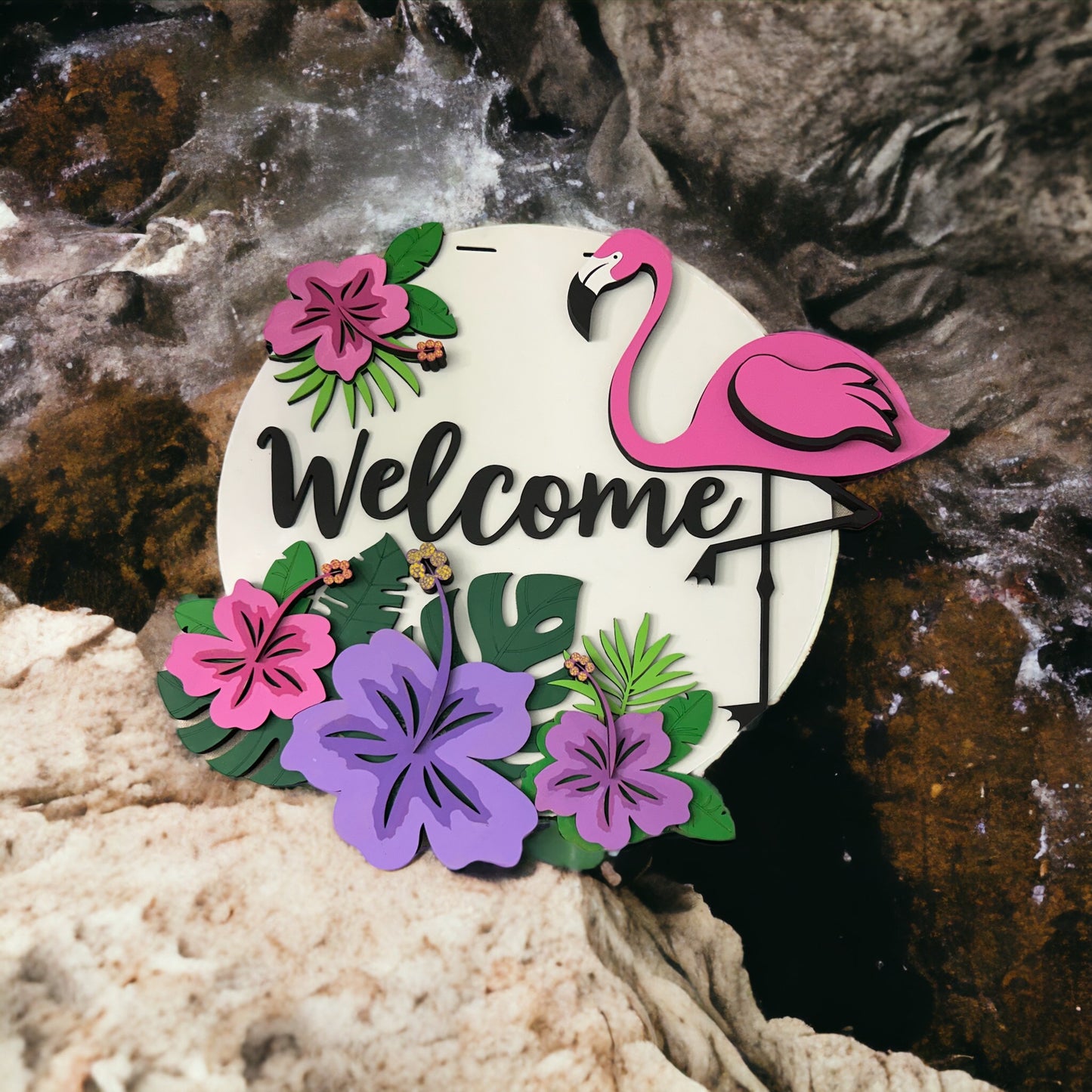 Welcome Flamingo Hibiscus Door Hanger - Finished